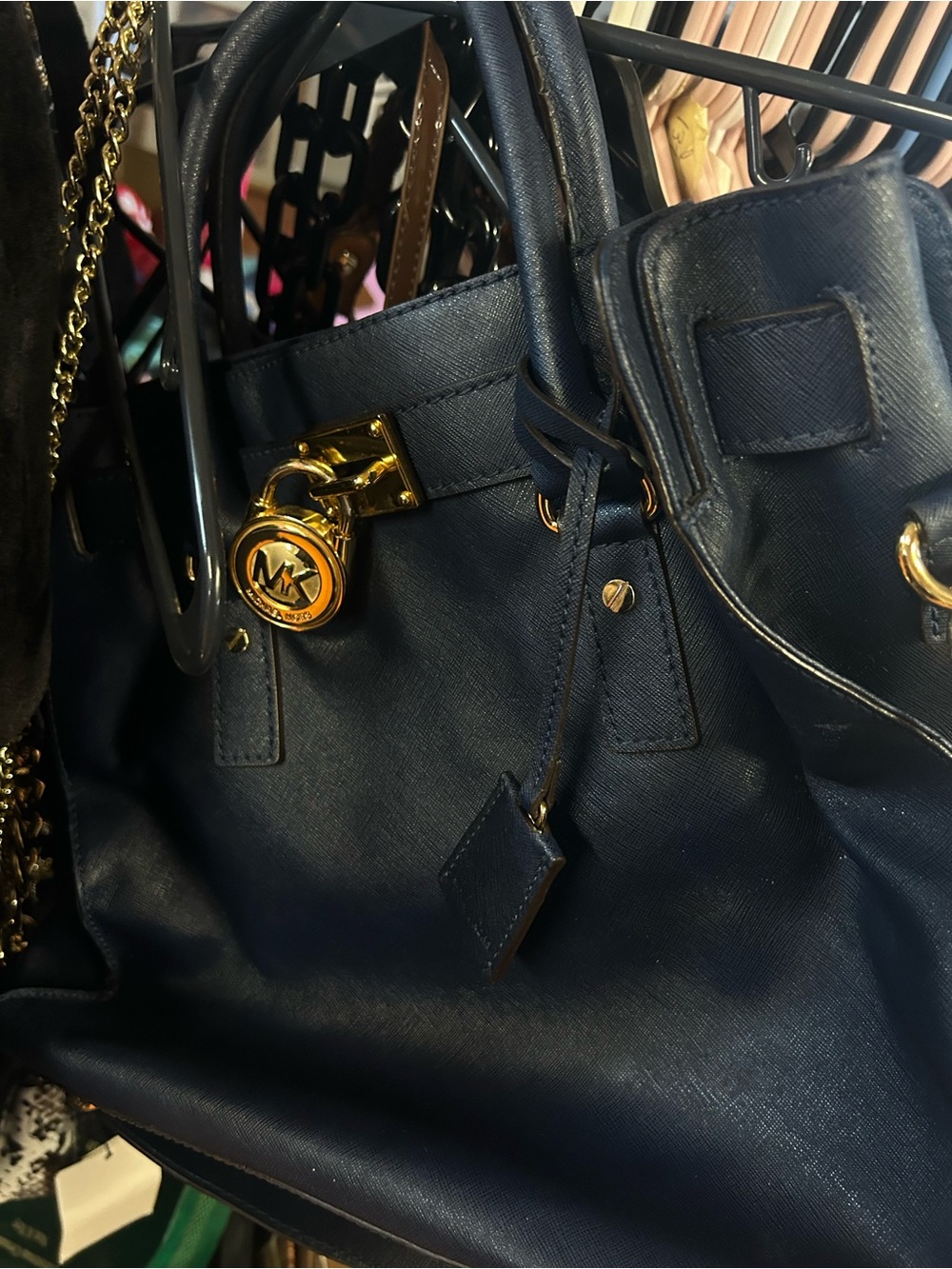 Y2K Michael Kors Navy Saffiano Satchel with Gold Hardware